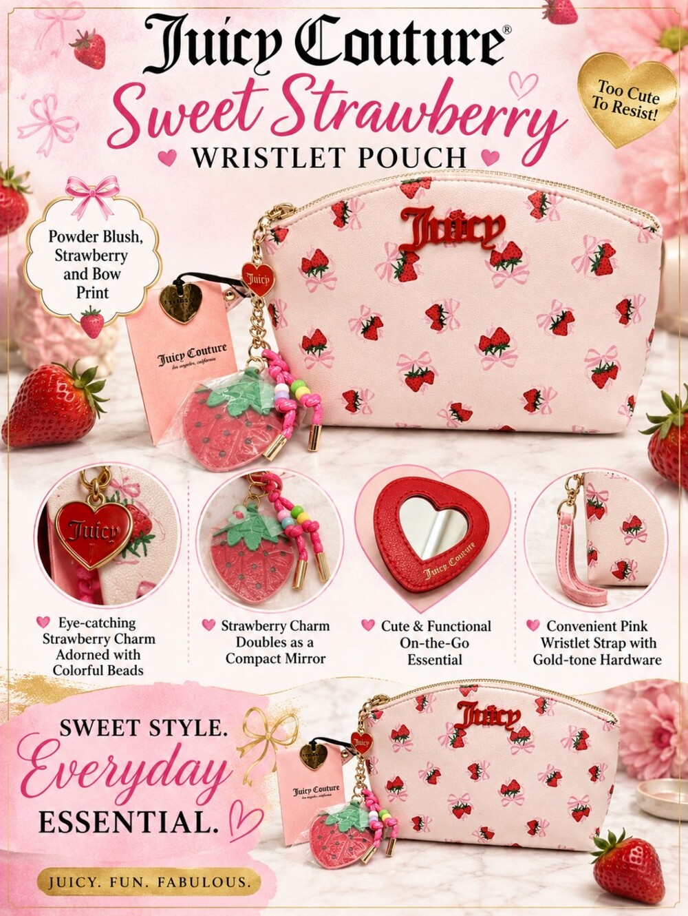 Juicy Couture Sweet Strawberry Triangle Gusset Pouch Wristlet